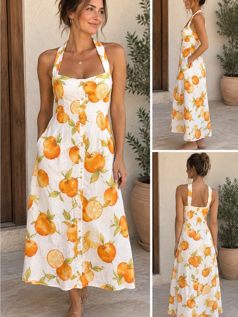 Zara White Orange-Print Sundress with Tie Neck